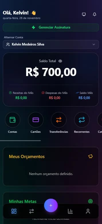 Dashboard principal no Celular com resumo financeiro e gráficos