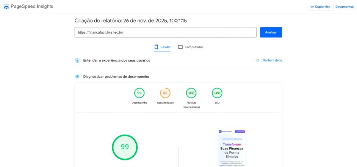 Relatório de desempenho no celular pelo Page Speed