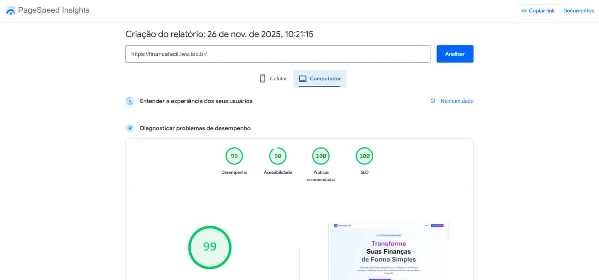 Relatório de desempenho no computador pelo Page Speed