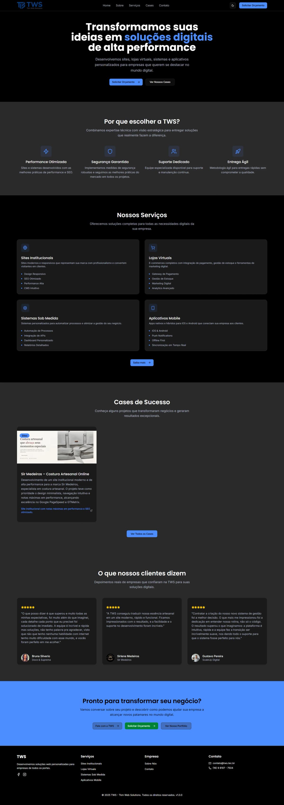 Página inicial do site da TWS