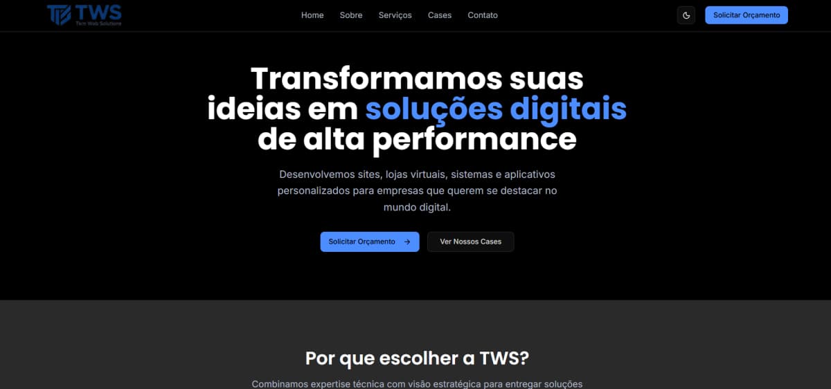 Página inicial do site da TWS versão Dark