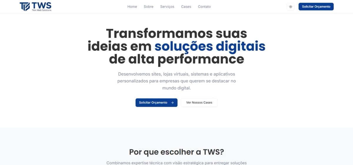 Página inicial do site da TWS versão Light