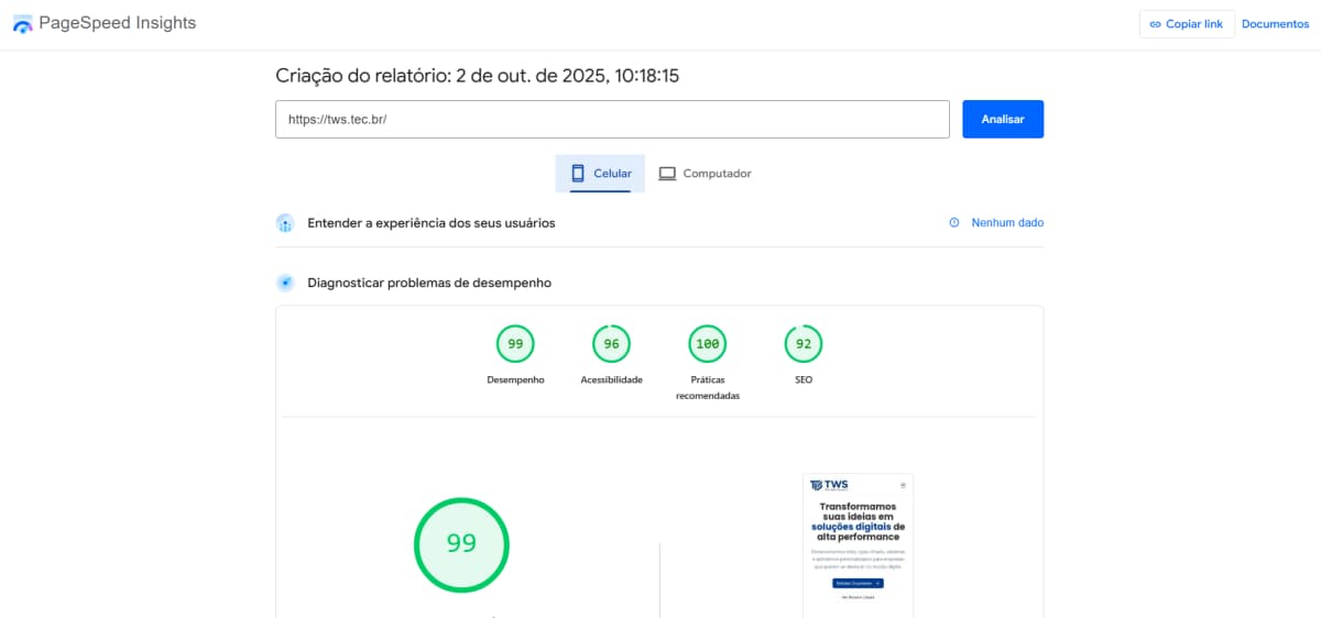 Resultados no Google PageSpeed no celular