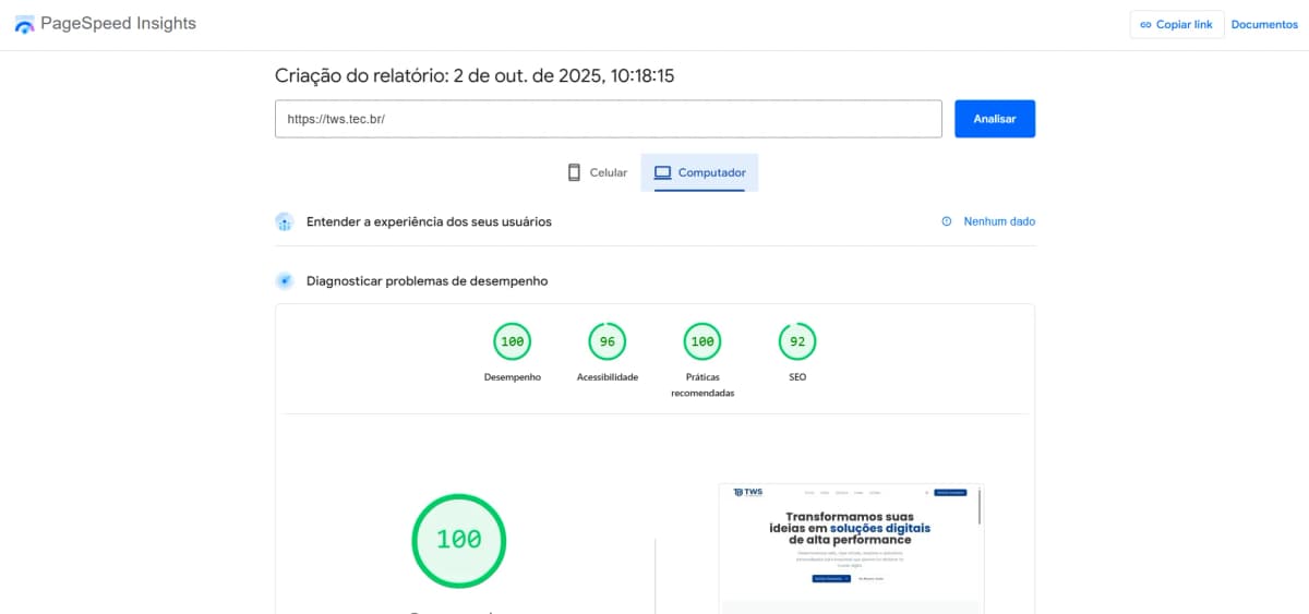 Resultados no Google PageSpeed no computador