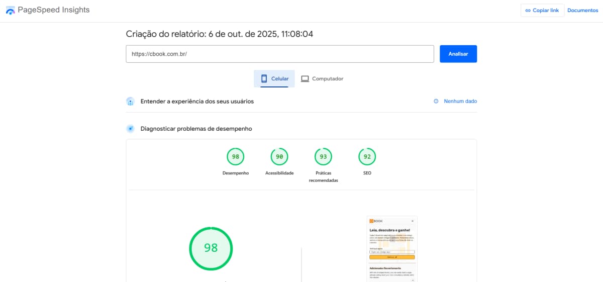 Resultados no PageSpeed Insights no Celular