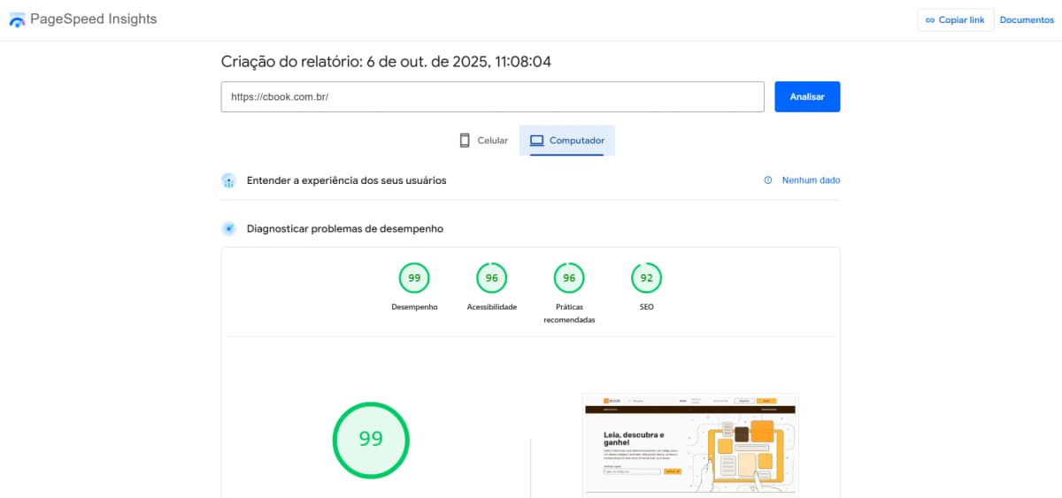 Resultados no PageSpeed Insights no Computador