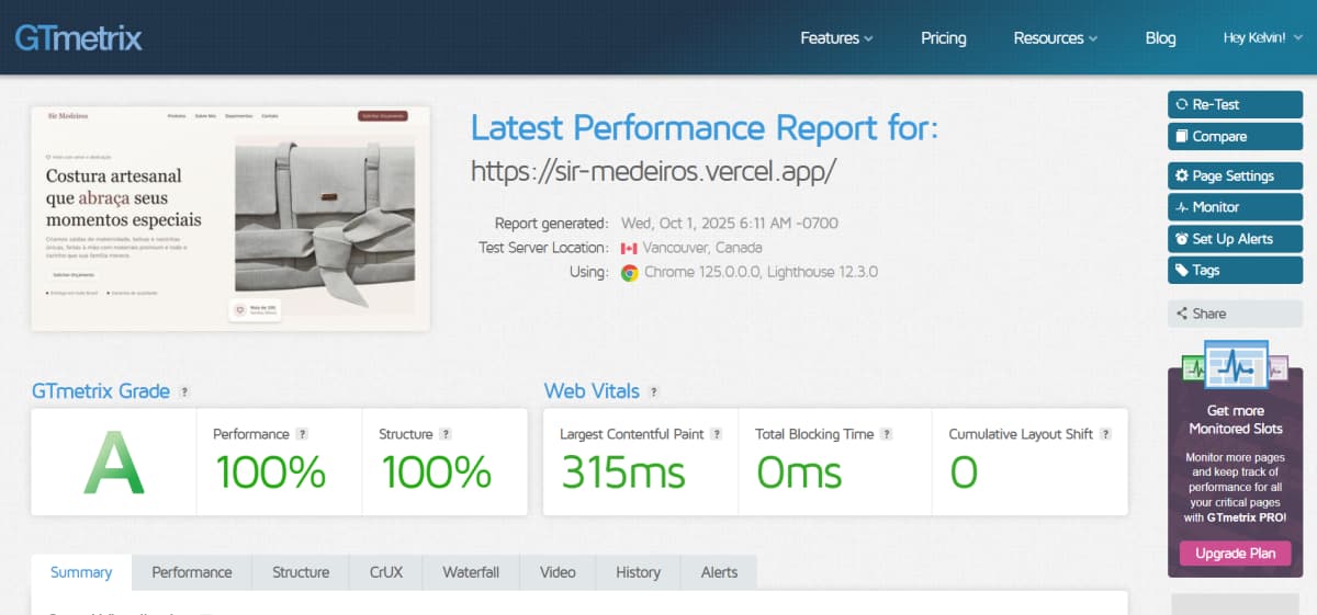 Performance do site Sir Medeiros no GTMetrix
