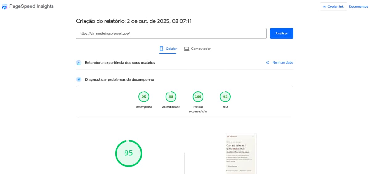 Performance do site Sir Medeiros no PageSpeed para celular