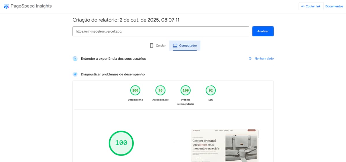 Performance do site Sir Medeiros no PageSpeed para computador