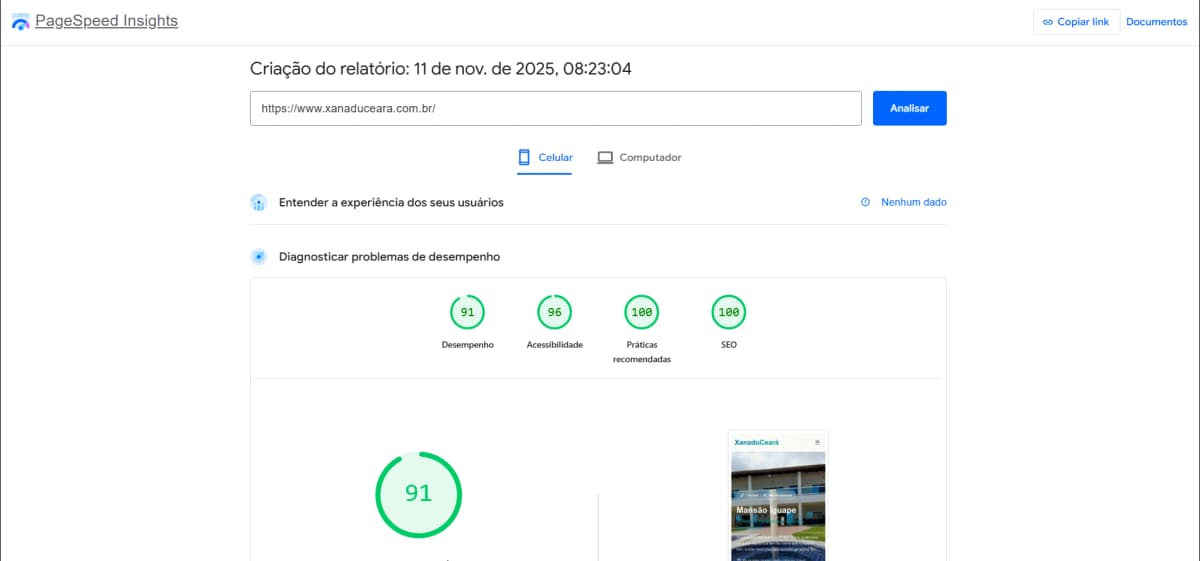 Performance no PageSpeed Insights - Mobile