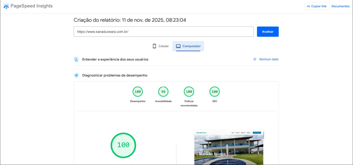 Performance no PageSpeed Insights - Desktop