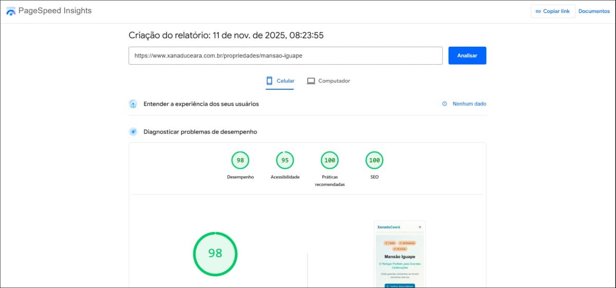 Performance da página Mansão Iguape no PageSpeed - Mobile