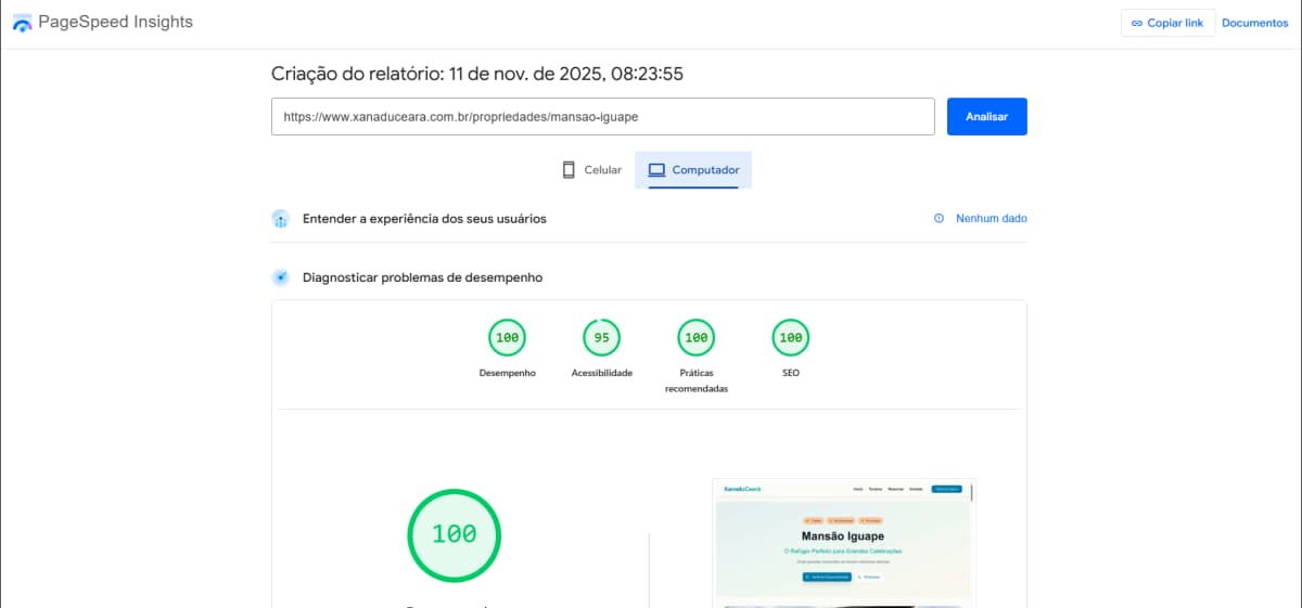 Performance da página Mansão Iguape no PageSpeed - Desktop